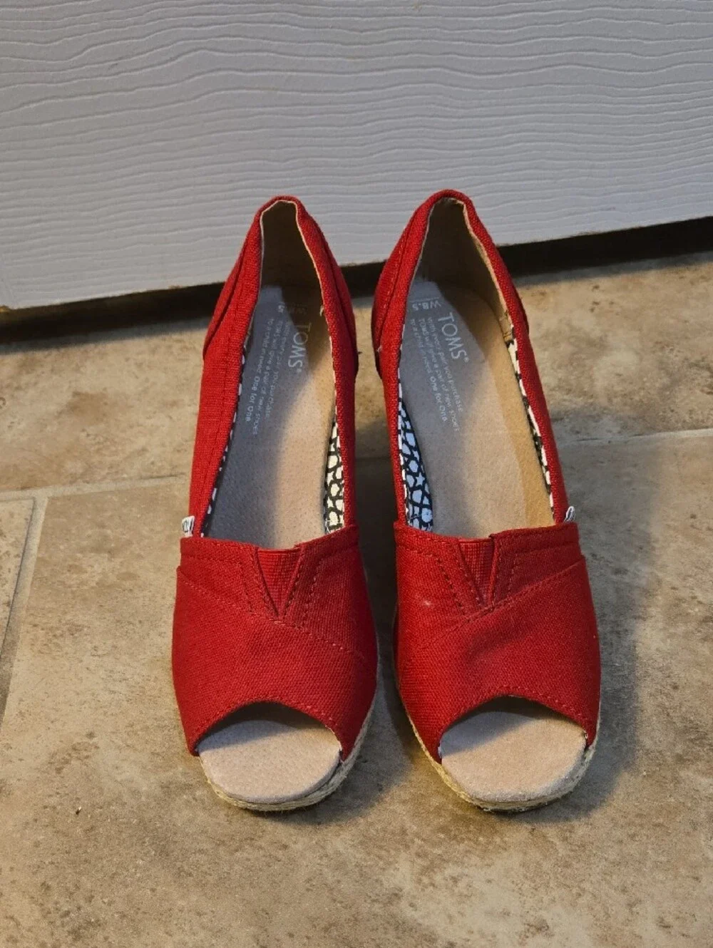 Toms Red Canvas Peep-Toe Wedge Espadrilles